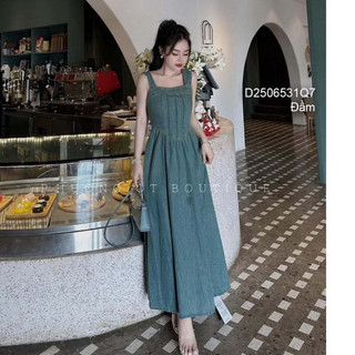 Đầm jean 2 dây dáng xòe dài cổ vuông siêu thời trang!