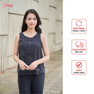 Bộ đồ mặc nhà nữ Freedy sát nách Linen kẻ thêu hoa - WBS2424
