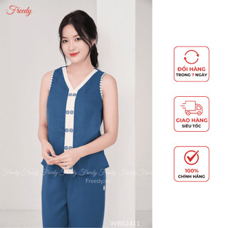 Bộ đồ mặc nhà nữ Freedy sát nách xanh thêu nẹp hoa - WBS2411