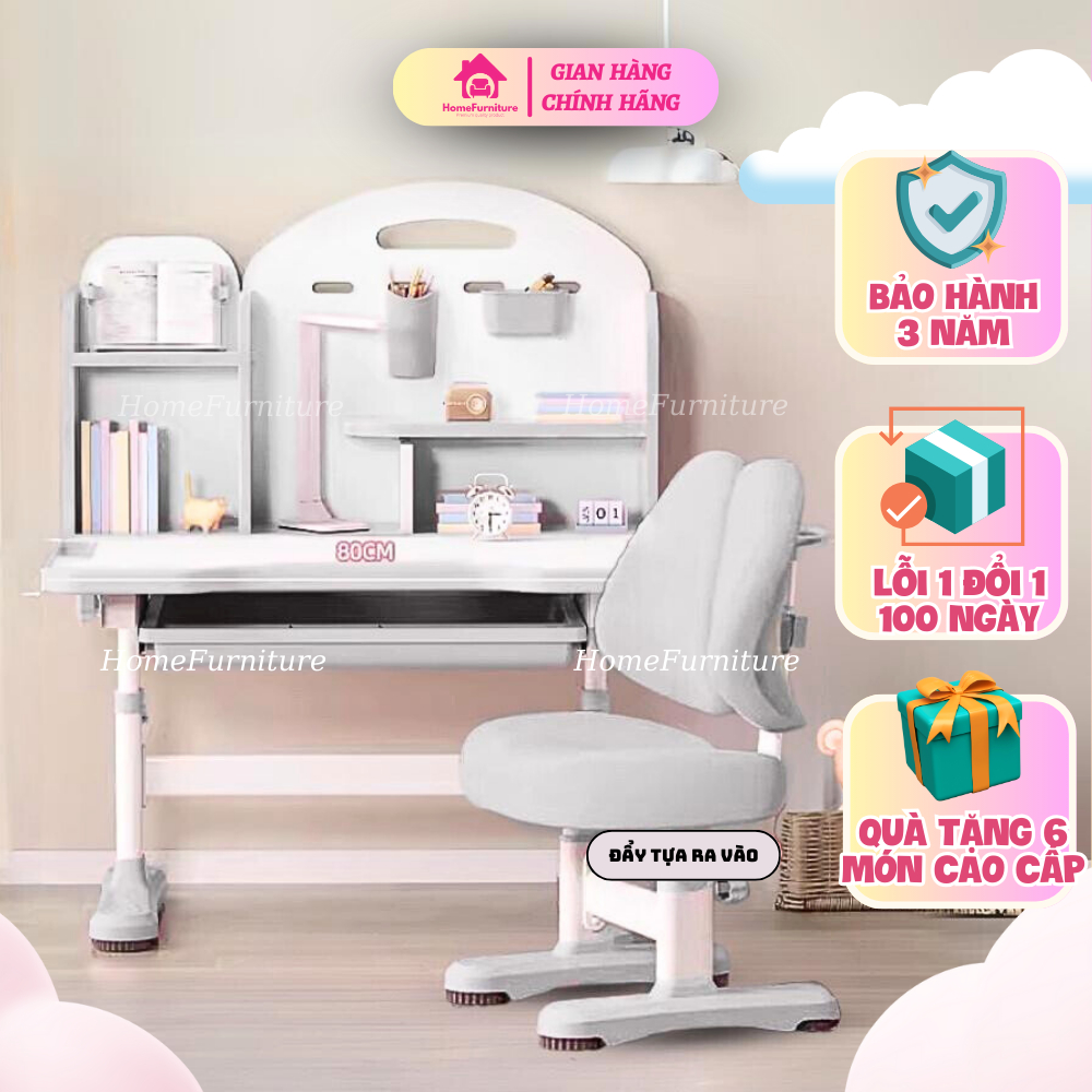 Bộ bàn học cho bé Home Furniture A5 mẫu mới 2024 nâng cấp, bàn học thông minh chống gù tay quay nâng hạ kèm ghế đệm dày