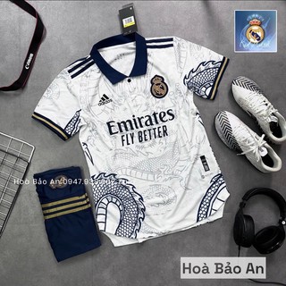 Áo Bóng Đá CLB Bóng Đá CLB Real Madrid màu trắng họa tiết rồng 2023/2024 họa tiết rồng vải gai thái cao cấp phom 43-90kg