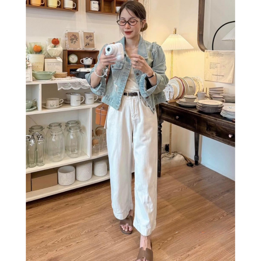 Áo Khoác Bò Denim Mài  Rách Dáng Croptop  M7546