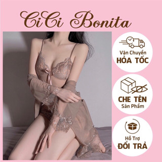 Set đồ ngủ sexy nữ gồm váy và áo choàng kiểu đầm 2 dây xuyên thấu có quần lót- Áo Choàng Ngủ Cao Cấp CV27-1
