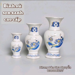 Bình hoa thờ cúng sen xanh cao cấp/Lọ hoa sứ trắng họa tiết xanh
