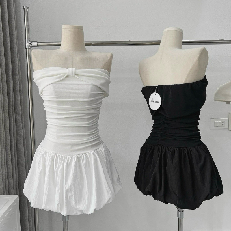 [V1.749] Váy Trễ Vai Nơ Thun Giấy Nhúm Phối Vải Thô Gió Nhăn Dáng Bom Có Lót Quần 2 Màu | BigBuy360 - bigbuy360.vn