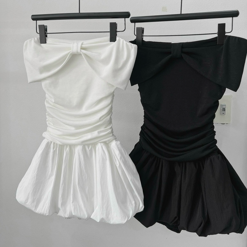 [V1.749] Váy Trễ Vai Nơ Thun Giấy Nhúm Phối Vải Thô Gió Nhăn Dáng Bom Có Lót Quần 2 Màu | BigBuy360 - bigbuy360.vn