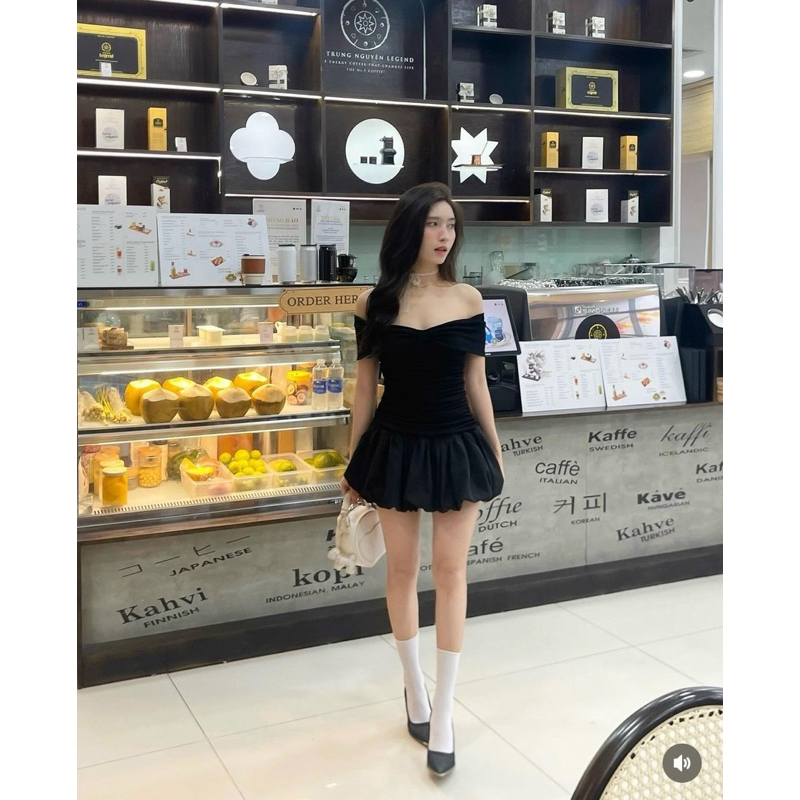 [V1.749] Váy Trễ Vai Nơ Thun Giấy Nhúm Phối Vải Thô Gió Nhăn Dáng Bom Có Lót Quần 2 Màu | BigBuy360 - bigbuy360.vn