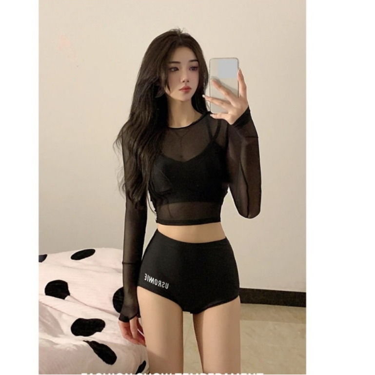 (Hàng QCCC đủ size 45-66kg) Bikini áo tắm 2 mảnh dài tay phối ren đen sexy phối chữ cá tính có size đại | BigBuy360 - bigbuy360.vn