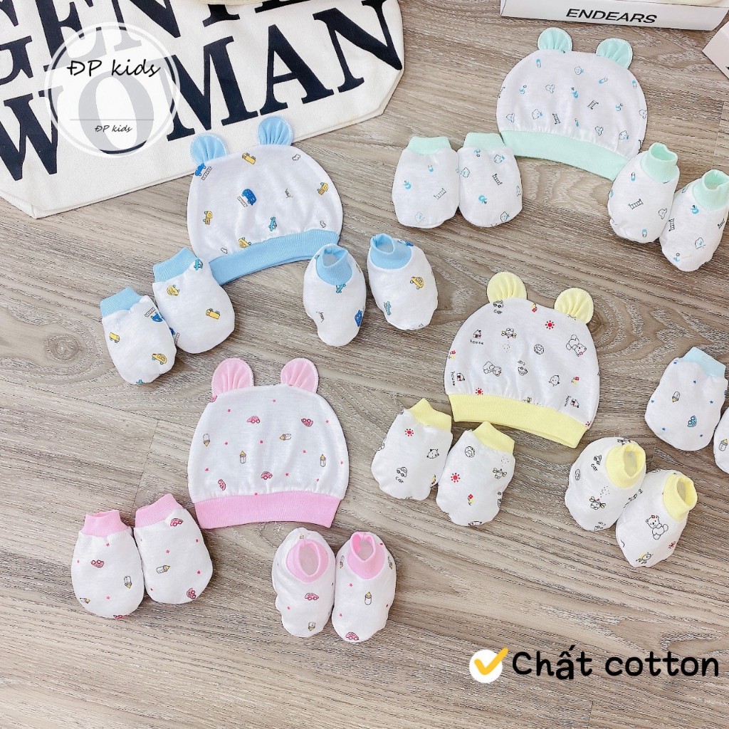 Sét 3CT LP Baby Mũ,bao tay,bao chân sơ sinh cùng hoạ tiết vải cotton mềm