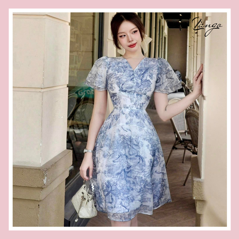 Đầm xanh tơ kiếng cổ tim