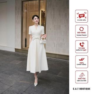 Váy đầm thiết kế cao cấp kiểu dáng xoè cổ tym thanh lịch chất liệu phi lụa hàn sang trọng