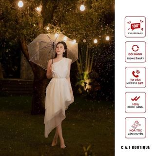 Váy đầm thiết kế cao cấp kiểu dáng xoè dây phối lệch vai chất liệu voan tơ sang trọng