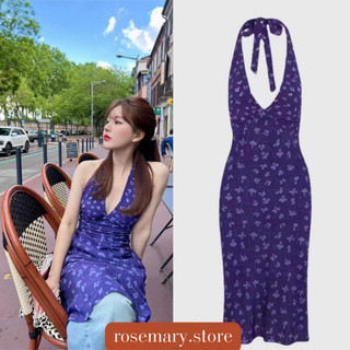 Váy họa tiết Triệu Lộ Tư In Màu Tím Cổ Chữ V Dây Cổ Hẹp Eo Đầm