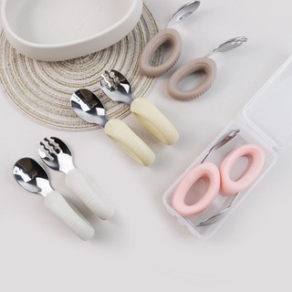 Set thìa nĩa tập xúc silicon đầu thìa inox cho bé tập ăn dặm