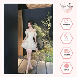 Đầm thiết kế thêu hoa trễ vai phối 2 dây đính nơ sang trọng xinh đẹp