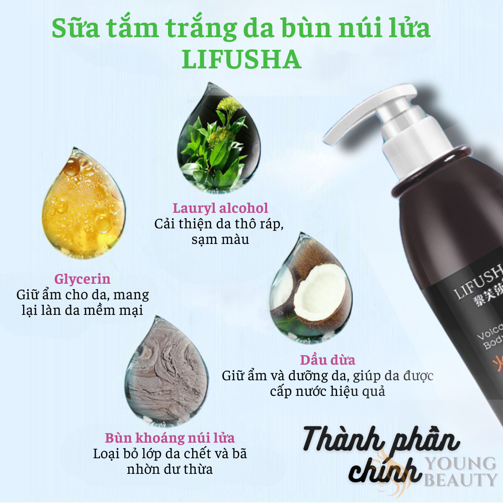 Sữa tắm bùn núi lửa LIFUSHA tắm trắng da toàn thân, loại bỏ thâm sạm, tẩy tế bào chết 250ml
