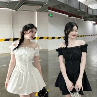 Váy Trễ Vai Phối Nơ Tay Chun 2 Màu Siêu Xinh Có Lót Quần ( bo chun sau, có mút ngực )