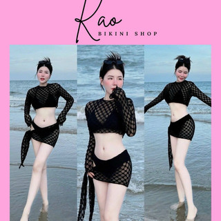 Set bikini Kao 4 chi tiết phối lưới khăn cột