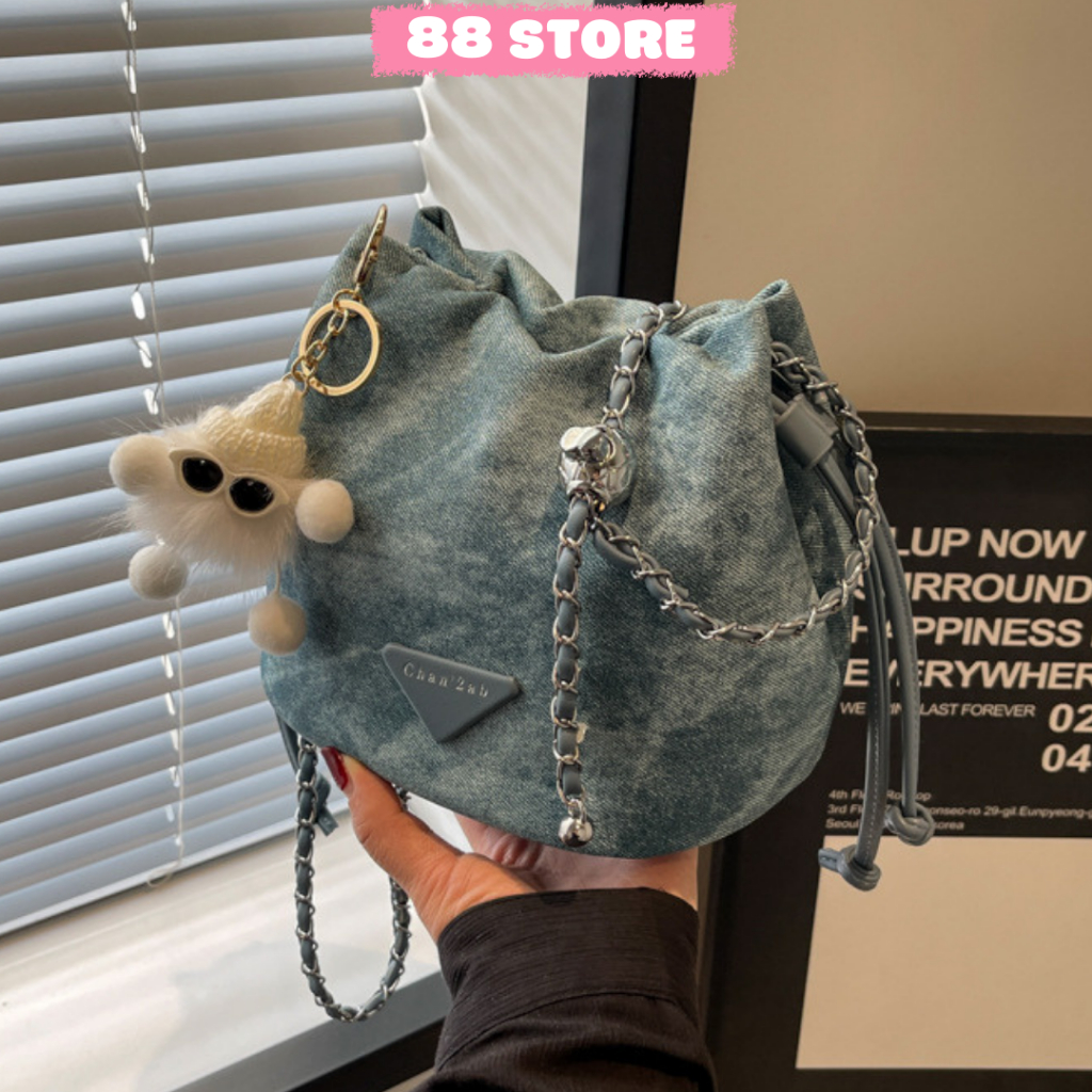 Túi đeo chéo nữ,túi xách nữ bucket da pu phối jean phong cách hàn quốc đi tiệc đi chơi sang chảnh 88