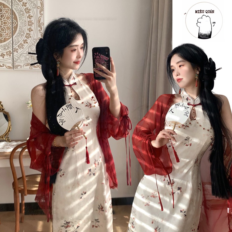 Sườn xám cách tân kèm áo choàng ( sẵn )
