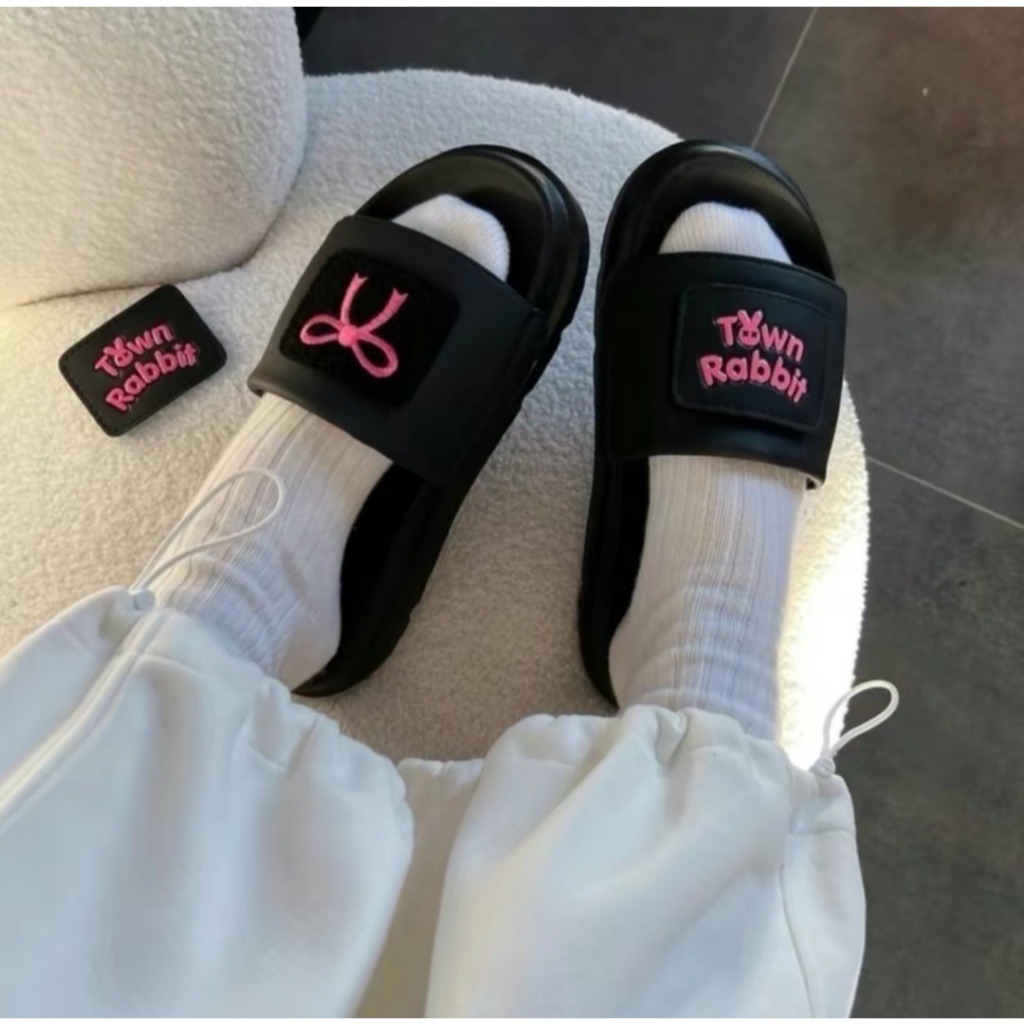Dép nữ rabit town quai thêu nơ dán xé kèm logo dễ thương xinh xắn đế cao 4cm êm chân T03CAO