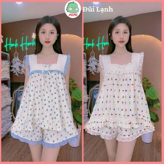 Sét bộ mặc nhà sát nách, viền bèo, cánh tiên chất đũi lạnh mềm mát, dễ thương