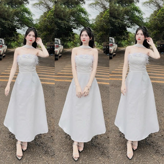 Đầm nữ dự tiệc đính hoa cúp ngực phối dây cổ chocker