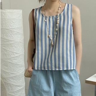 GERME Áo sát nách nữ kẻ sọc dáng suông lửng, Áo ba lỗ nữ chất vải thô linen mềm phong cách Hàn Quốc A6240659