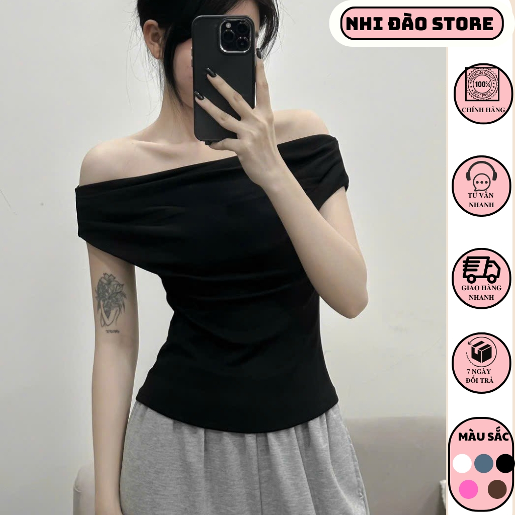 Áo trễ vai nữ tay ngắn, Áo kiểu nữ bẹt vai phong cách tiểu thư thanh lịch mặc được nhiều kiểu,chất b