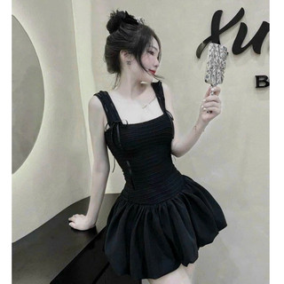 Đầm bí thời trang nữ mặc đi chơi chất mango áo dây bản to có mút ngực đầm phồng ngắn mini có lót siêu xinh