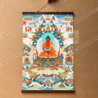 Tranh phật a di đà và nhiều vị phật mật tông nẹp gỗ 40x60cm bằng vải phủ bóng cao cấp dày dặn
