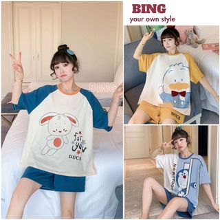 Bộ quần áo mặc nhà mùa hè, áo cộc tay kèm quần đùi, thời trang nữ, in nhiều hoạ tiết xinh xắn - BING BNN18