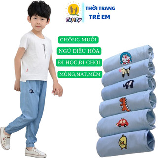 Quần bò dài giấy cho bé trai FAMBY mùa hè thêu họa tiết quần điều hòa chống muỗi trẻ em 13-28kg