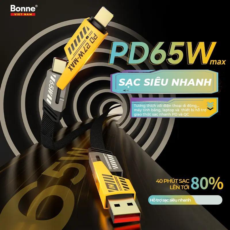 Dây cáp sạc nhanh 4 trong 1 , bọc dù chống đứt gẫy, cho IP 20W và điện thoại android Type-C 65W - Vi