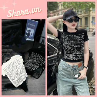 Áo Croptop Cộc Tay Thun Tăm In Chữ Body Shara SR1100 KT Áo Thun Body Phong Cách Basic Trẻ Trung Năng Động Hottrend