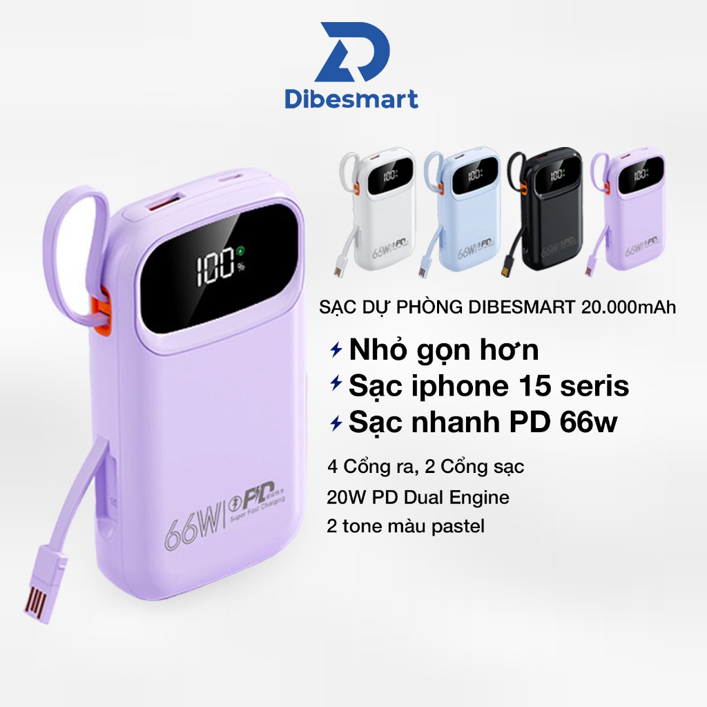 Sạc dự phòng DIBESMART 20000mAh PD 66w hai cổng tiện dụng cho điện thoại - Bảo hành 6 tháng