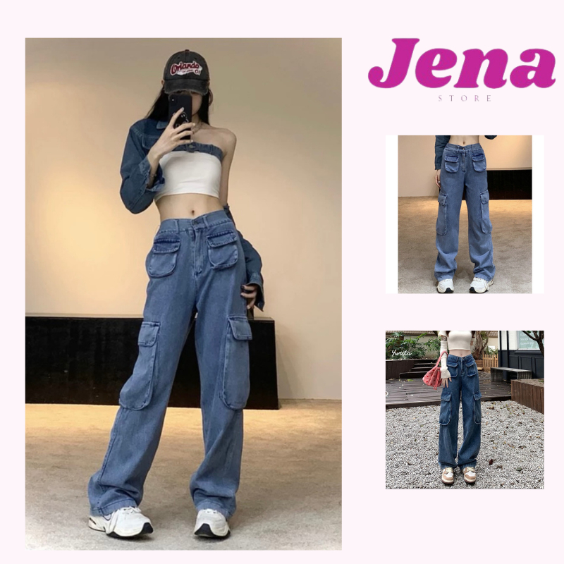 Quần Jeans túi hộp ống suông rộng cạp cao Jena unisex dáng dài, Quần túi hộp Jean nữ lưng cao đủ size H02