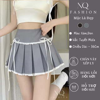 Chân váy ngắn đính nơ nữ xếp ly dáng xòe phối ren cao cấp chân váy cạp cao hai màu phong cách lolita sang chảnh NQ26
