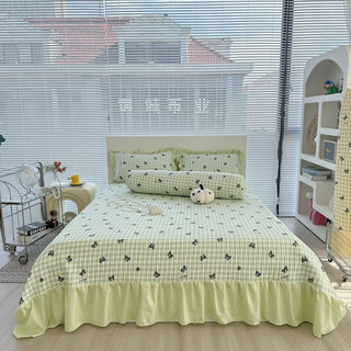 Bộ ga gối 4 món cotton đũi nơ trần bông viền bèo tiểu thư