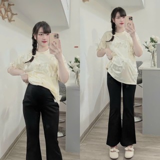 Quần bầu đen Dài ống Loe Công sở có Đáp bụng và Chun chỉnh Co Giãn Q155