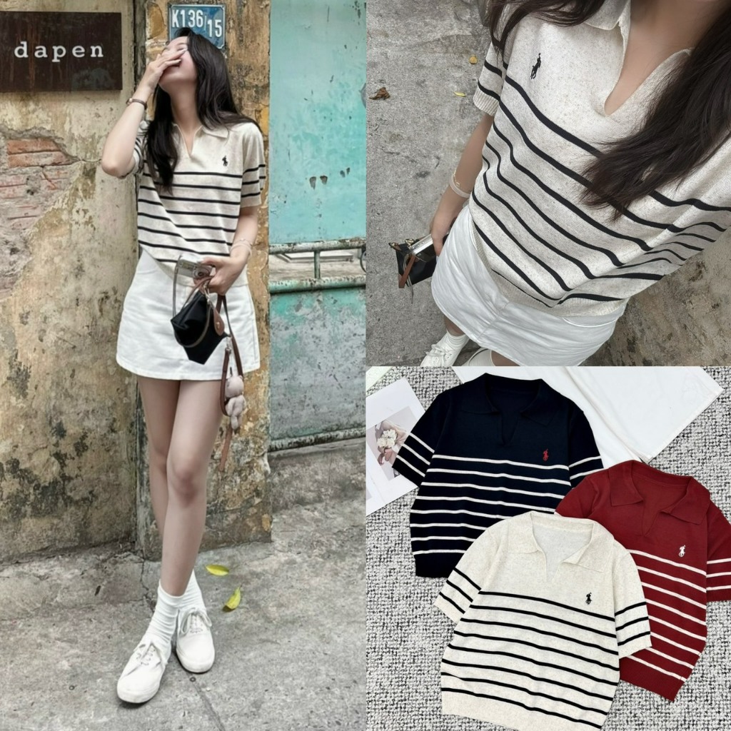 Áo len mongtoghi nữ cổ polo xẻ V mỏng nhẹ thêu ngựa Borly_LK29