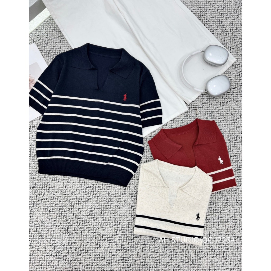 (ẢNH OLDSCHOOL) Áo len muối tiêu mongtoghi CỔ POLO XẺ V mỏng nhẹ thêu ngựa QC 1226