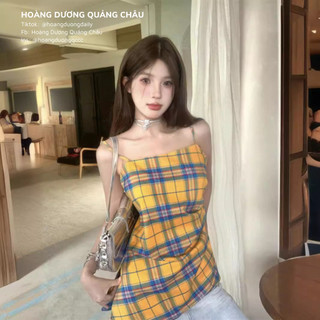 Áo hai dây dáng yếm đuôi vạt chéo họa tiết sọc vàng thời trang phong cách hàn quốc