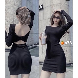 Đầm tay dài hở lưng xoắn ôm body dáng ngắn trơn cực xinh , chất gân đũa dày dặn