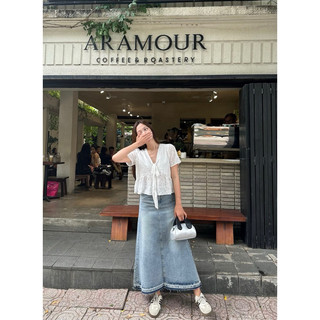 Chân váy nữ jean dáng dài, Chân váy jean dài tua rua Mụp Store