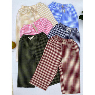 Quần ống rộng cho bé, quần dài ống xuông bé gái, quần đũi dài trẻ em vải đũi thô mềm caro nho 4 mùa size từ 10-36kg