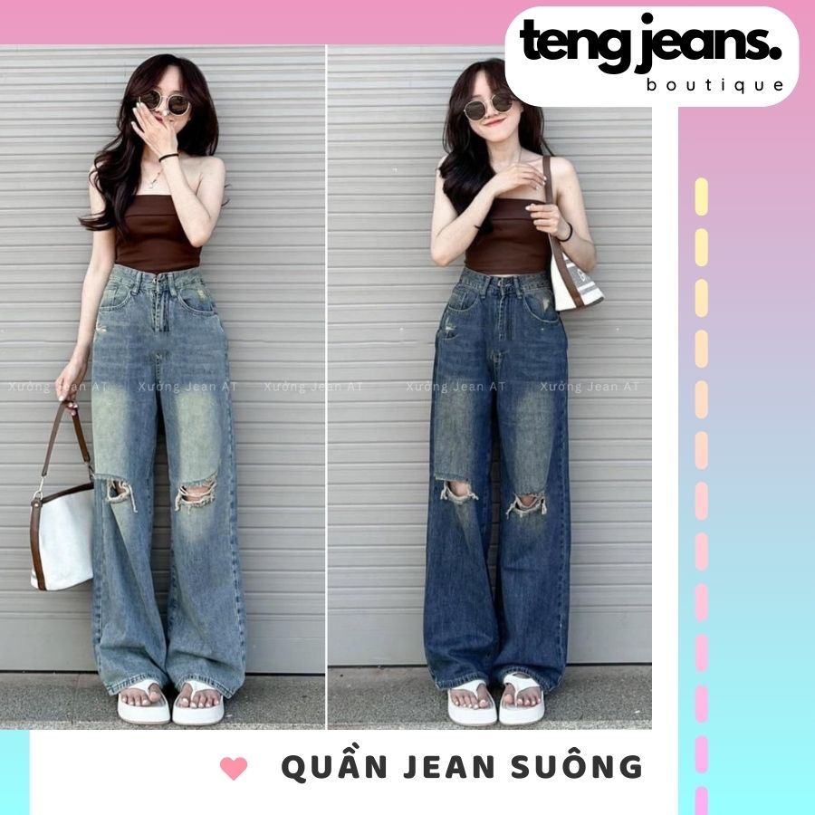 Quần jean nữ ống suông rách gối năng động SN02, Quần bò jean suông nữ lưng cao phong cách đường phố