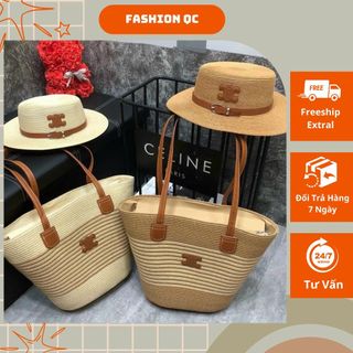 Set Mũ Và Túi Cói Đi Biển Dễ Thương | Mũ Cói Vành Rộng Và Túi Cói Phối Da Sang Trọng FashionQc