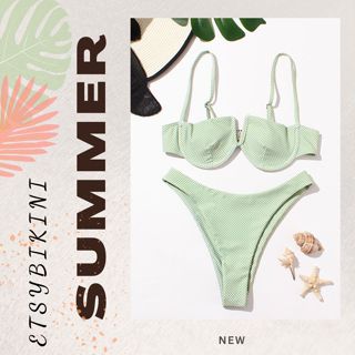 Đồ Bơi 2 Mảnh Etsy, Bikini 2 Mảnh Cổ V Hoa Nhí, Kẻ Xanh Bikini Có Gọng Sẵn Mút Nâng Ngực Bộ Đồ Lót Đi Biển Quần Lưng Cao