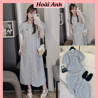 Váy Đầm Nữ Kẻ Sọc Trắng Ghi Cổ Tròn Tay Bồng Thêu Nơ Ngực Cúc Bọc Fom Rộng Freesize